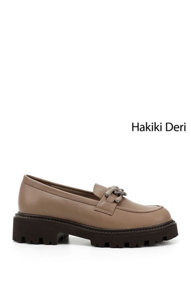 Kadın Vizon Antik Kalın Topuklu Tokalı Hakiki Deri Loafer Ayakkabı