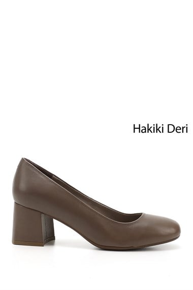 Kadın Vizon Antik Küt Burun Orta Kalın Topuklu Hakiki Deri Ayakkabı