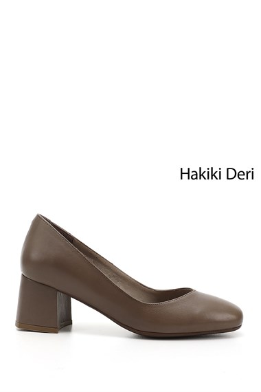 Kadın Vizon Antik Küt Burun Orta Kalın Topuklu Hakiki Deri Ayakkabı