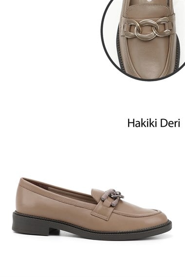 Kadın Vizon Antik Tokalı Hakiki Deri Loafer Ayakkabı