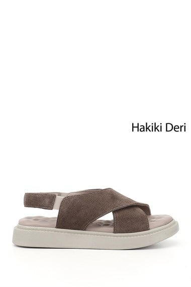 Kadın Vizon Süet Çapraz Bantlı Dolgu Taban Hakiki Deri Comfort Sandalet