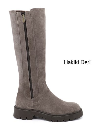 Kadın Vizon Süet Fermuarlı Kauçuk Taban Hakiki Deri Çizme