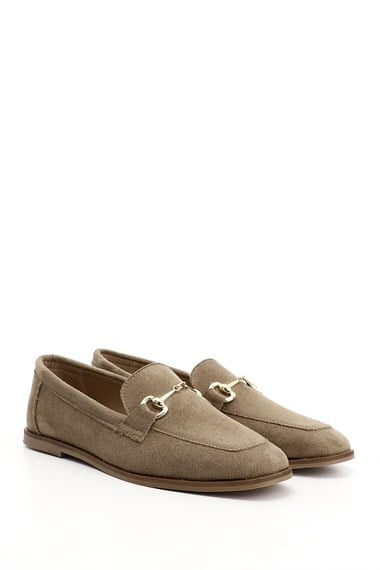 Womens Mink Suede Flat Toe Buckle Ballerina