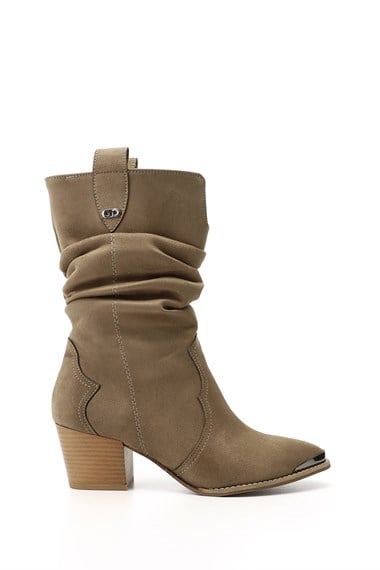 Womens Mink Suede Pointed Toe Chunky Heel Cowboy Boots