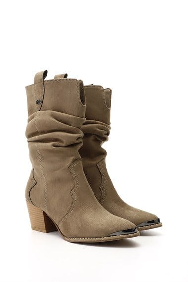 Womens Mink Suede Pointed Toe Chunky Heel Cowboy Boots