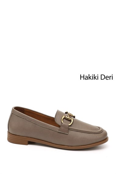 Kadın Vizon Tokalı Hakiki Deri Loafer Ayakkabı