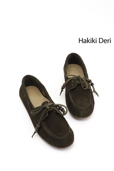 Kadın Yeşil Süet Bağcıklı Hakiki Deri Comfort Ayakkabı