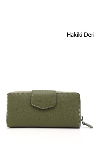Kadın Yeşile Kahve Yatay Hakiki Deri Cüzdan