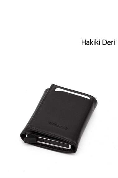Unisex Siyah Hakiki Deri Mekanizmalı Cüzdan