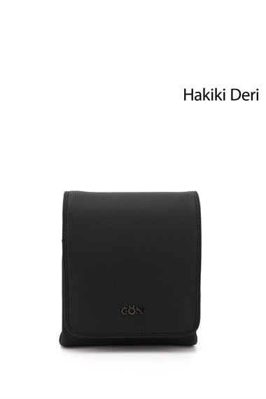 Unisex Siyah Uzun Askılı Hakiki Deri Evrak Omuz Çantası