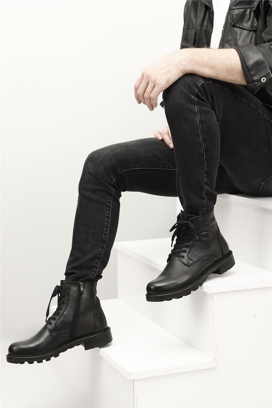 Men's Black Zippered Genuine Leather Combat Boots Men's Black Zippered Genuine Leather Combat Boots