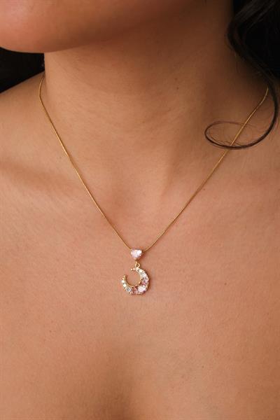 Taşlı Ay Kalp Kolye