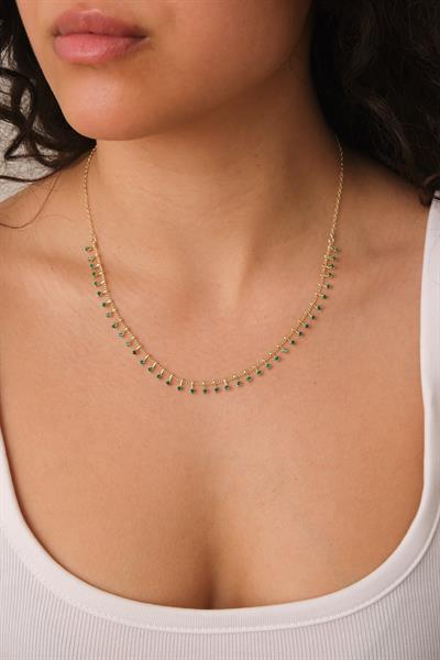 Uçları Yeşil Taşlı Zincir Kolye