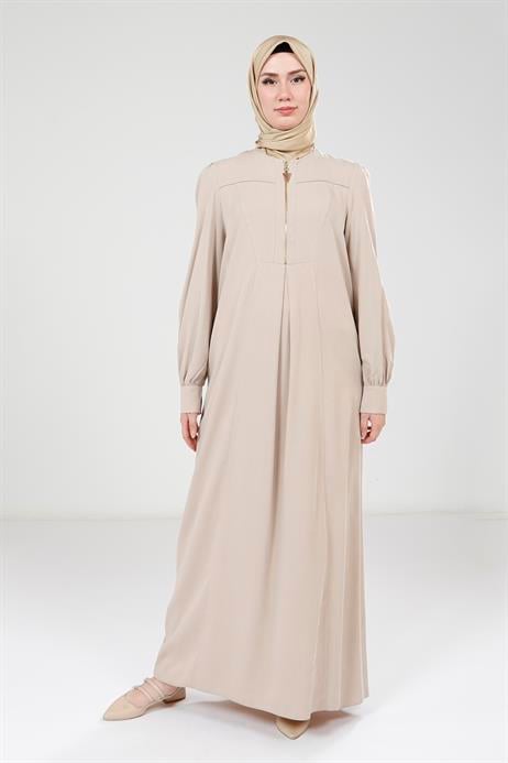 Beyza-Beyza Yakası Fermuarlı Vizon Renk Elbise 9401