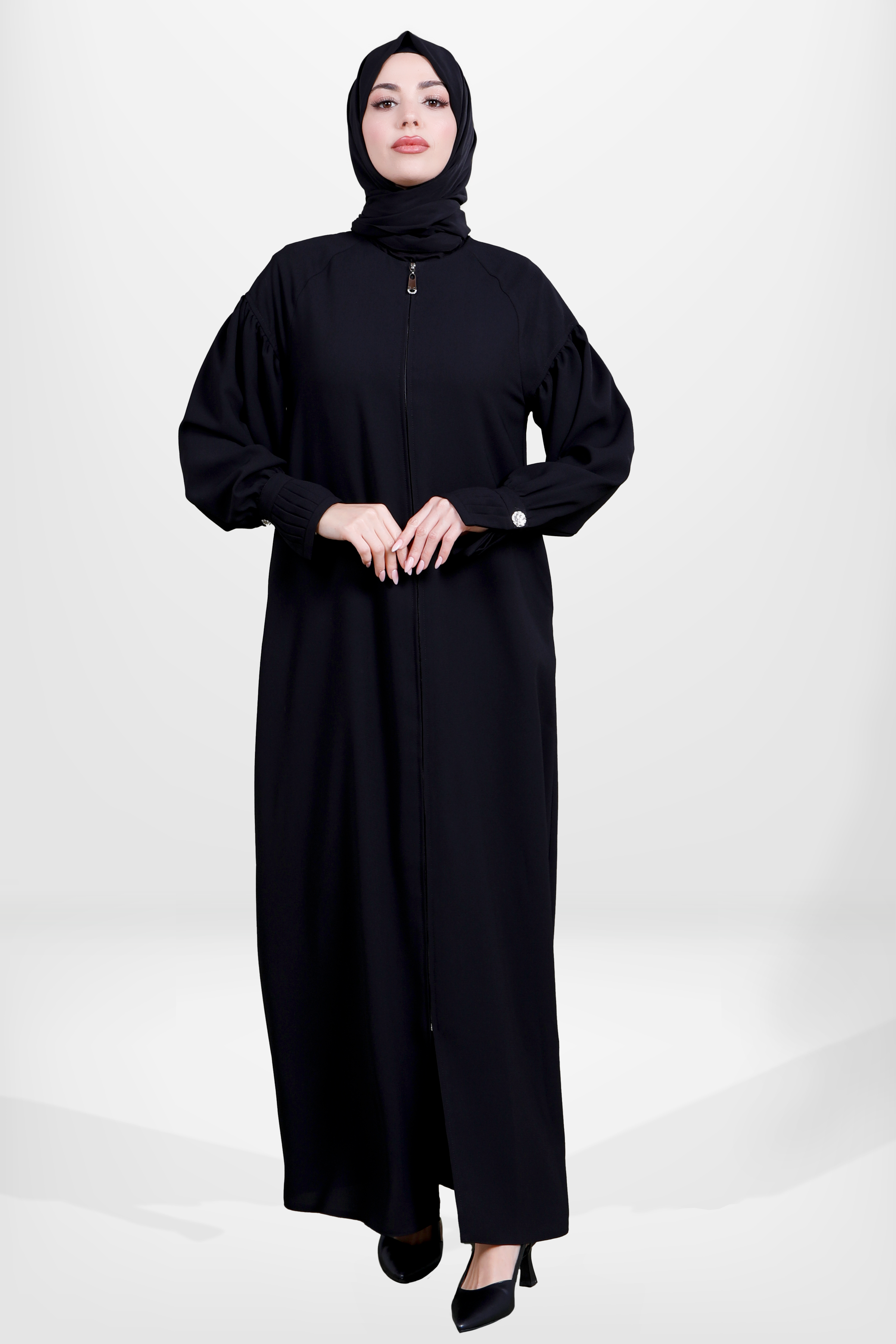 SheFa Fermuarlı Manşeti Nervürlü ve Düğme Detaylı Yandan Cepli Siyah Renk Ferace 3945