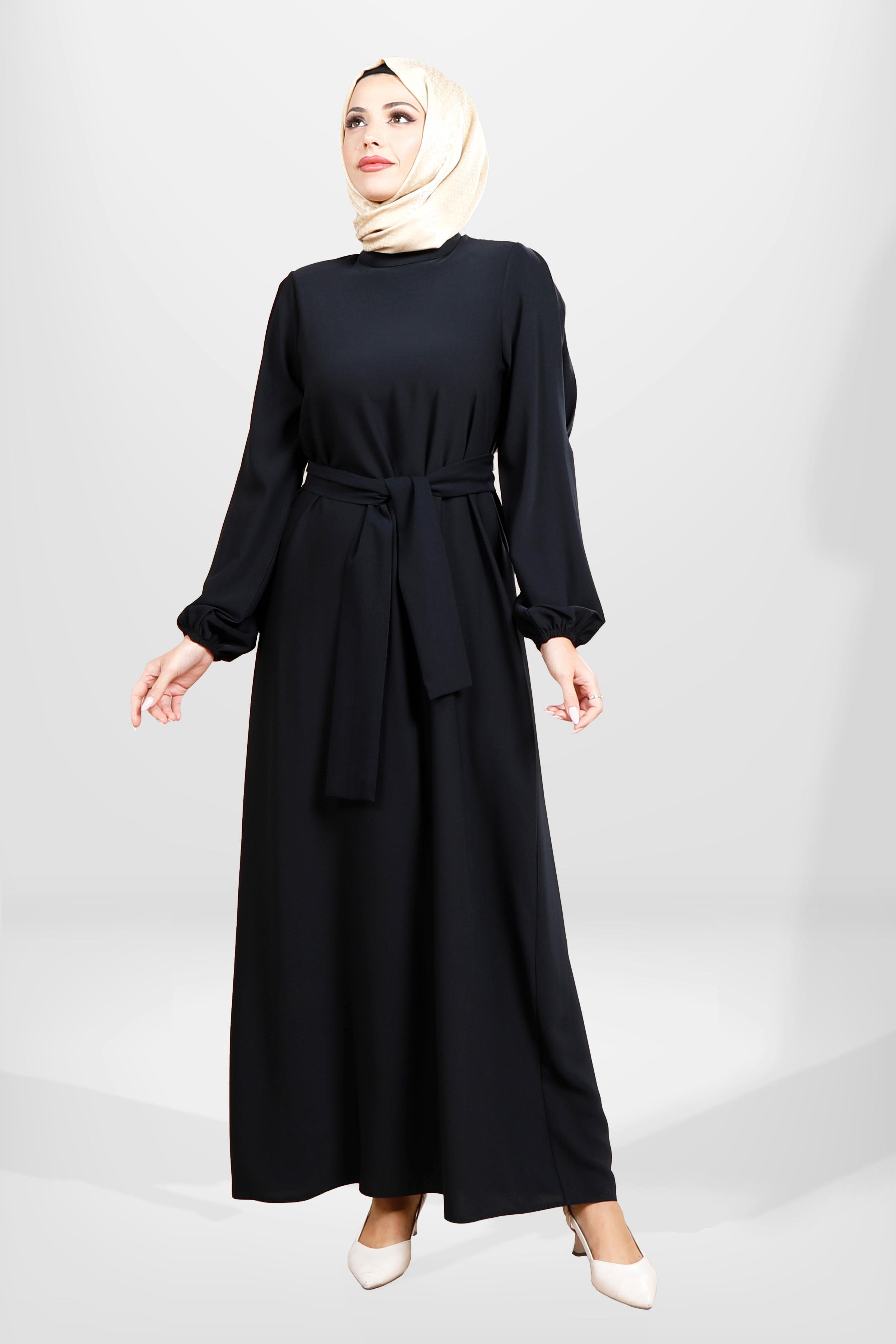 Beyza Kuşaklı Pilikaşe Kol Detaylı Siyah Renk Tesettür Elbise 5545