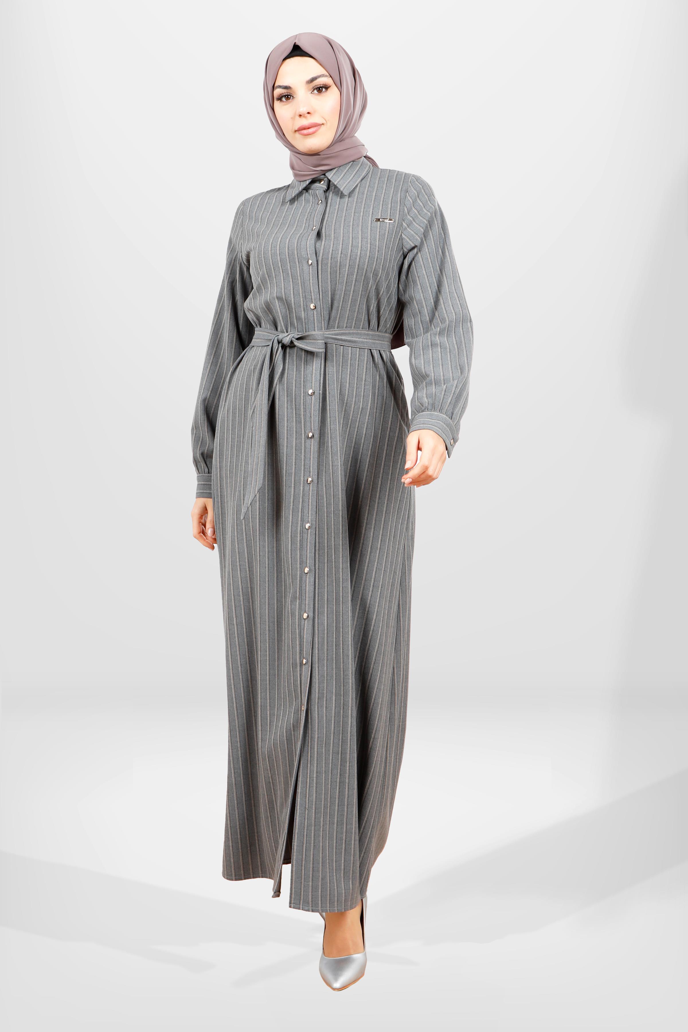 Beyza Kuşaklı Çizgili Gri Renk Kışlık Tesettür Elbise 5559
