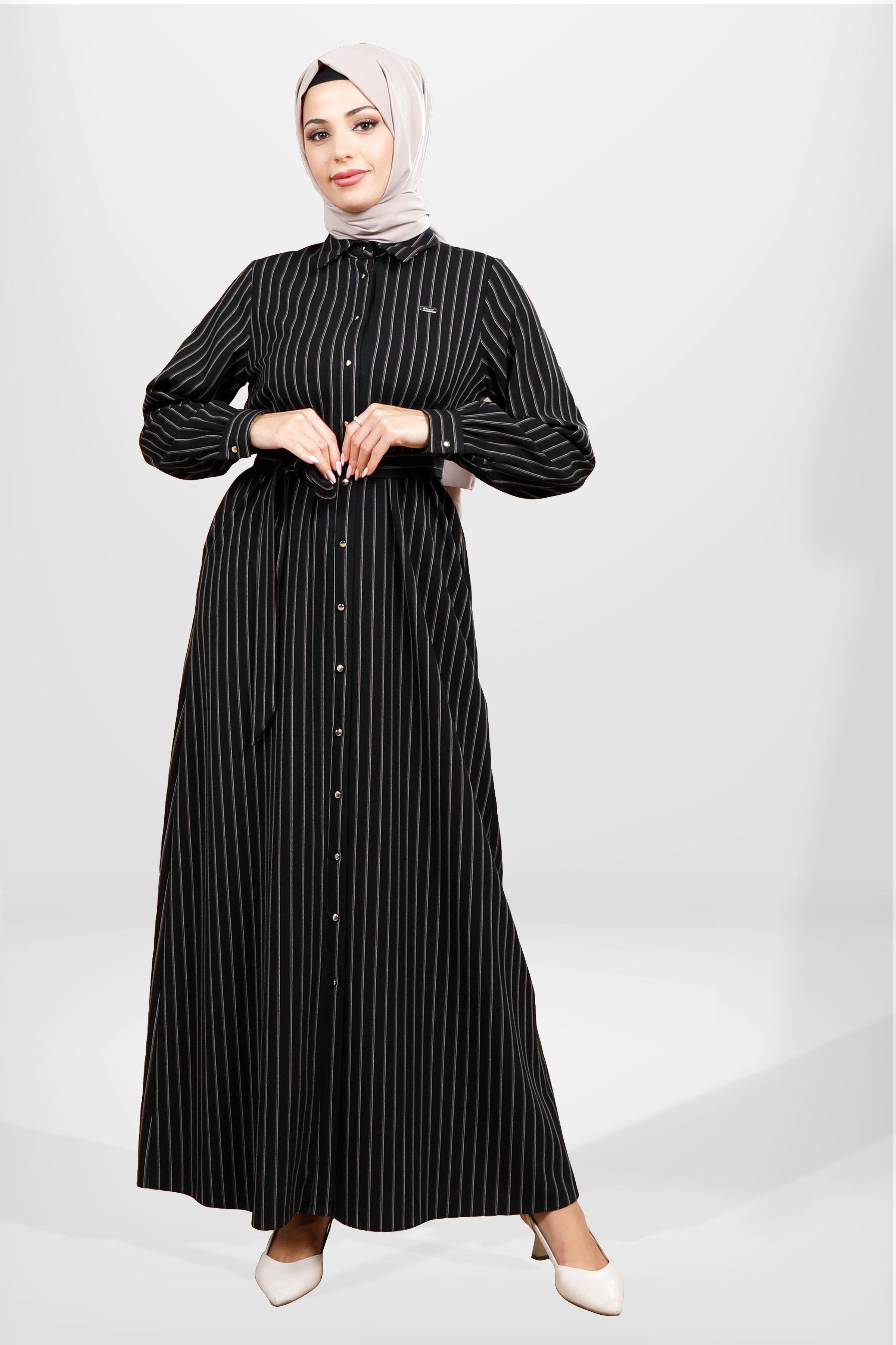 Beyza Kuşaklı Çizgili Siyah Renk Kışlık Tesettür Elbise 5559