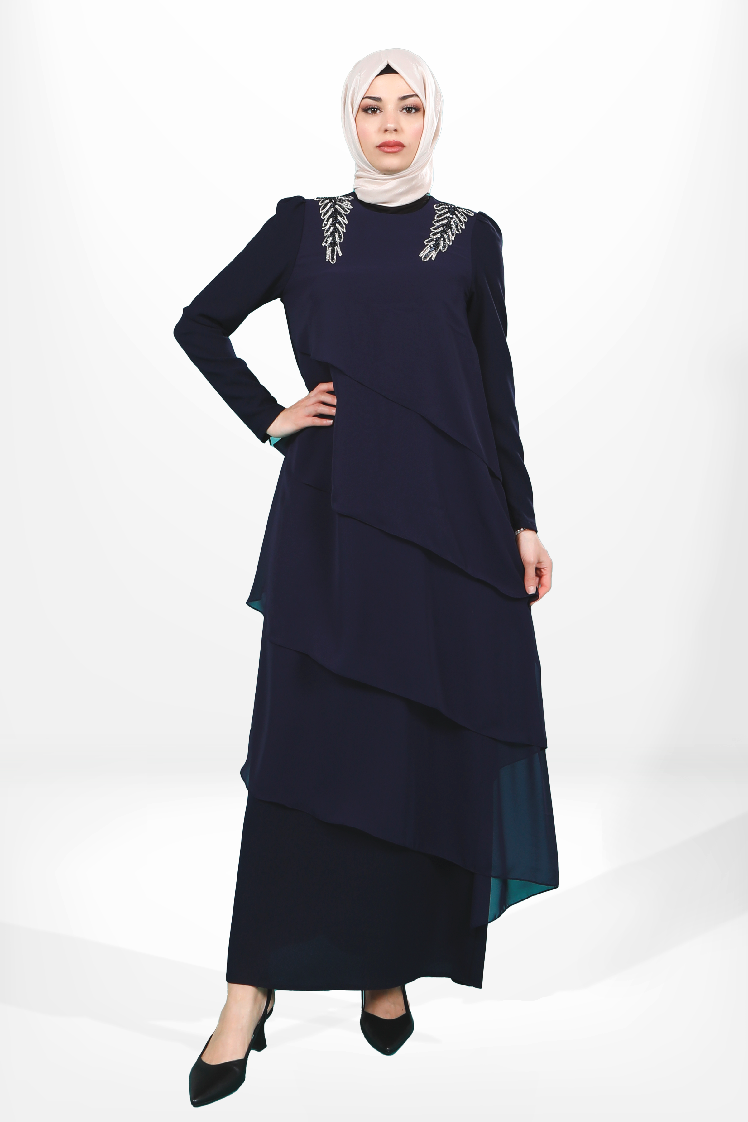 Beyza-5589 ELBİSE VOLANLI LACİVERT