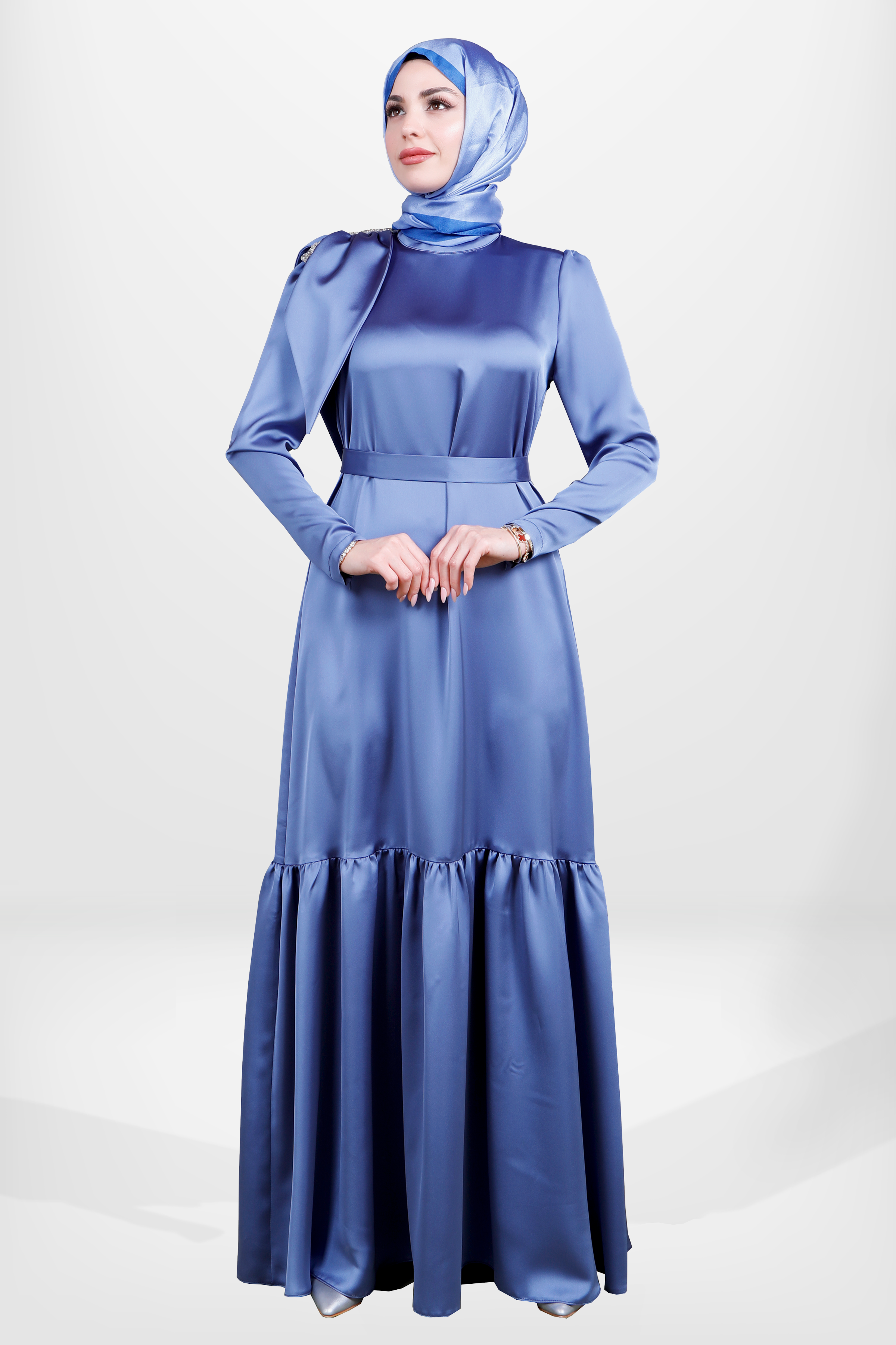 Beyza-5591 ELBİSE SATEN İNDİGO