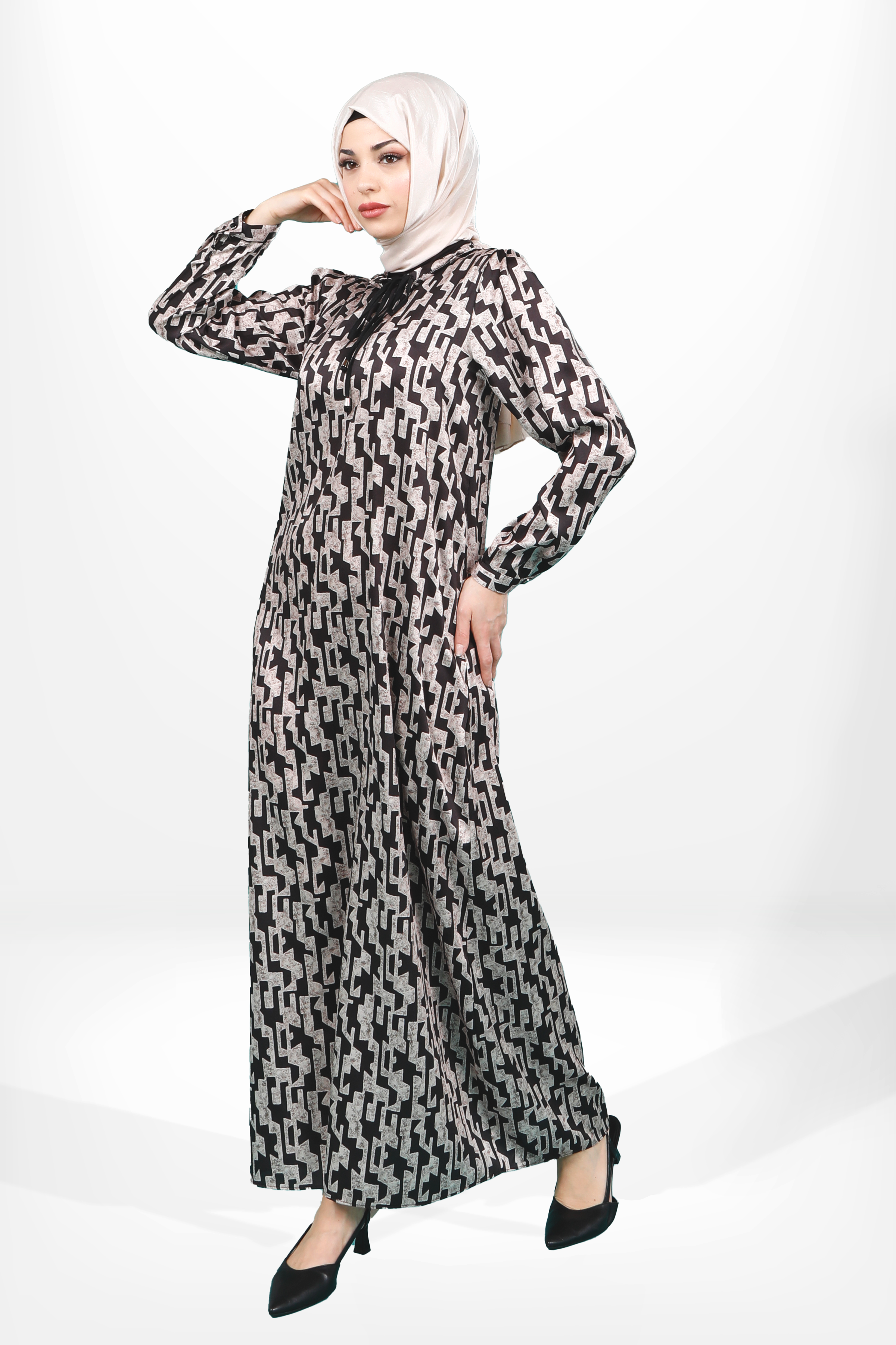 SheFA-5626 ELBİSE KARELİ SİYAH