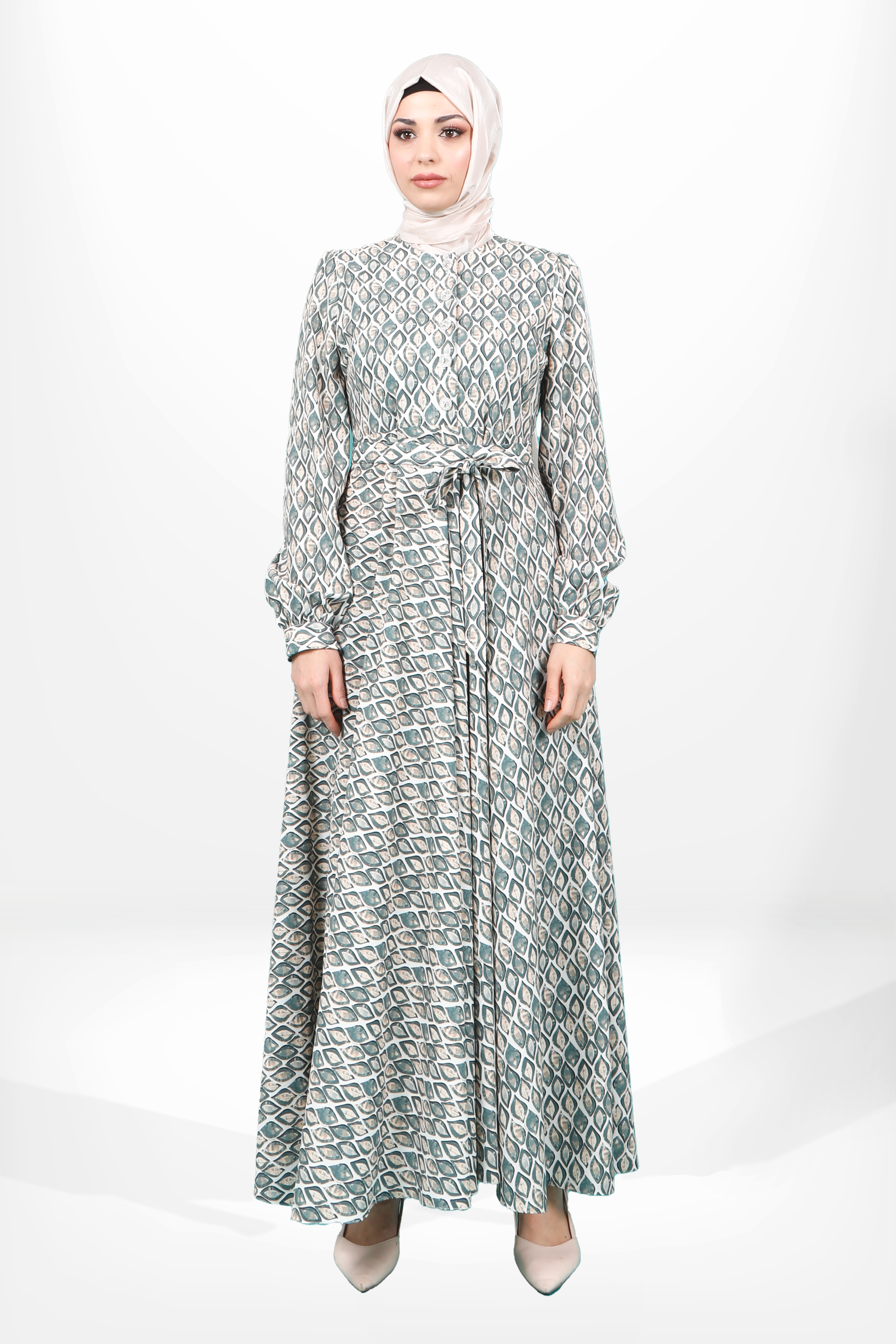 Beyza-5639 ELBİSE KLOŞ DESENLİ YEŞİL