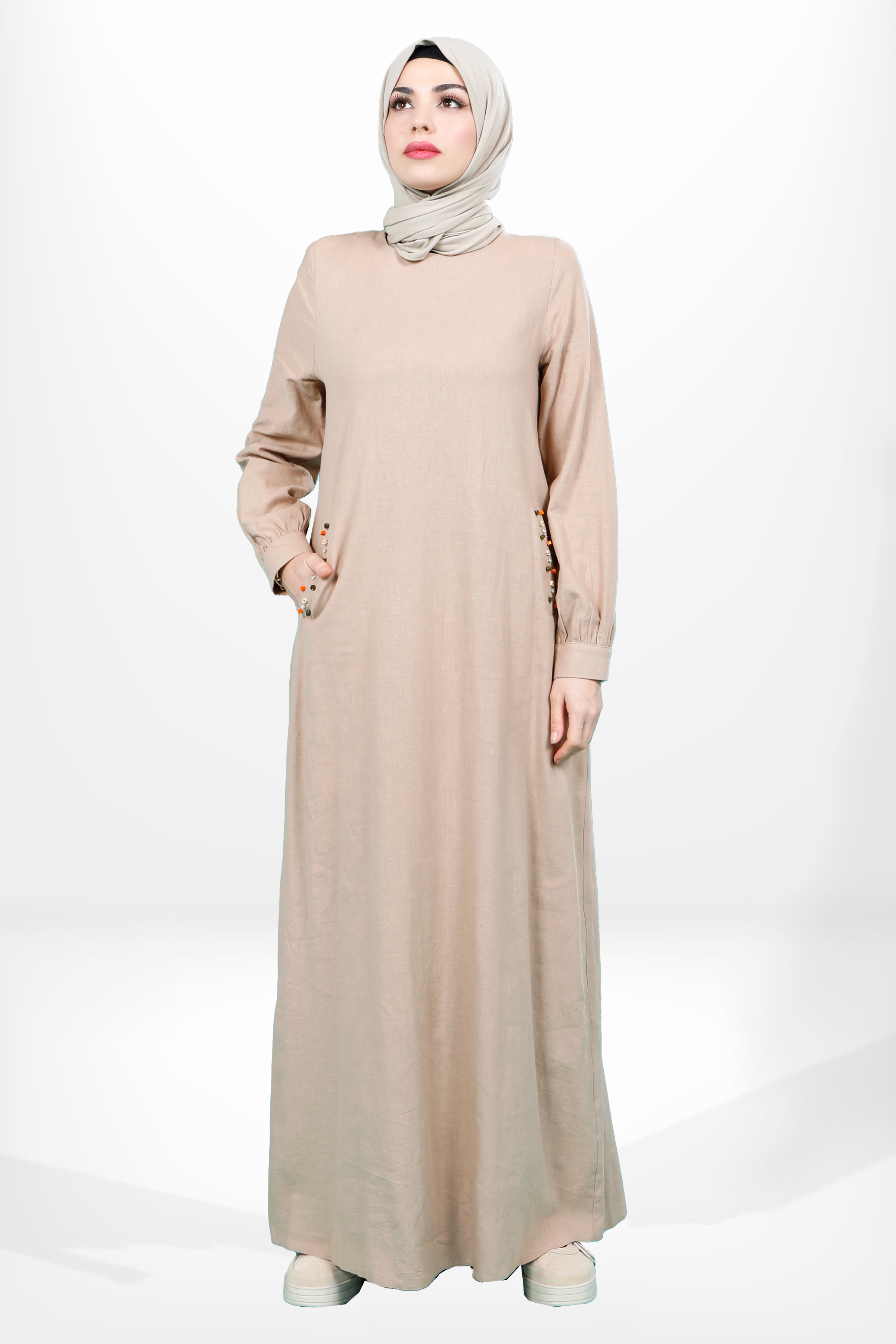 Beyza-5653 ELBİSE KETEN CAMEL
