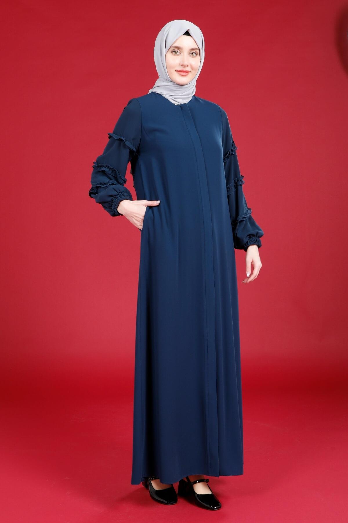 Beyza-Beyza Atlas Önü Gizli Kapamalı Kolu Fırfırlı İndigo Renk Samara Ferace 3770