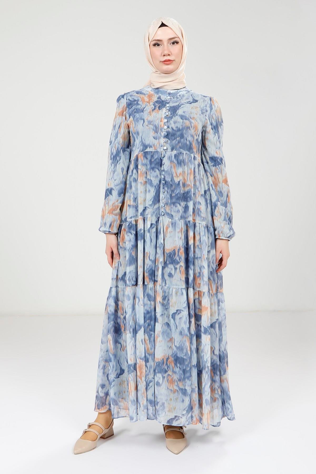 Beyza-Beyza Baskılı Düğmeli Mavi Elbise 9390