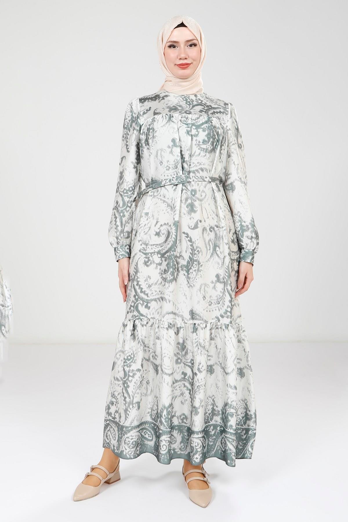 Beyza-Beyza Baskılı Kemerli Yeşil Elbise 9387