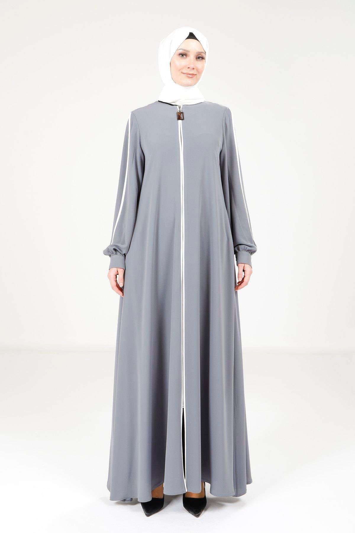 Beyza-Beyza Biye Detaylı Gri Renk Ferace 9327