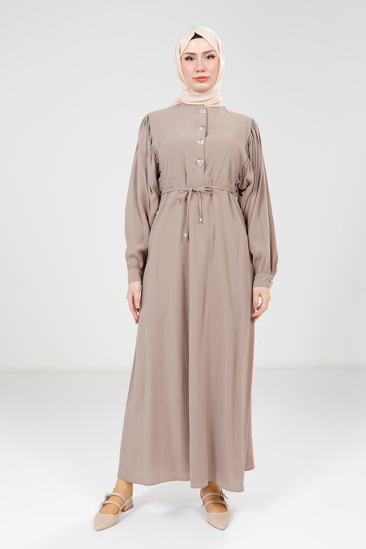 Beyza-Beyza Düğme Detaylı Bej Modal Elbise 9174