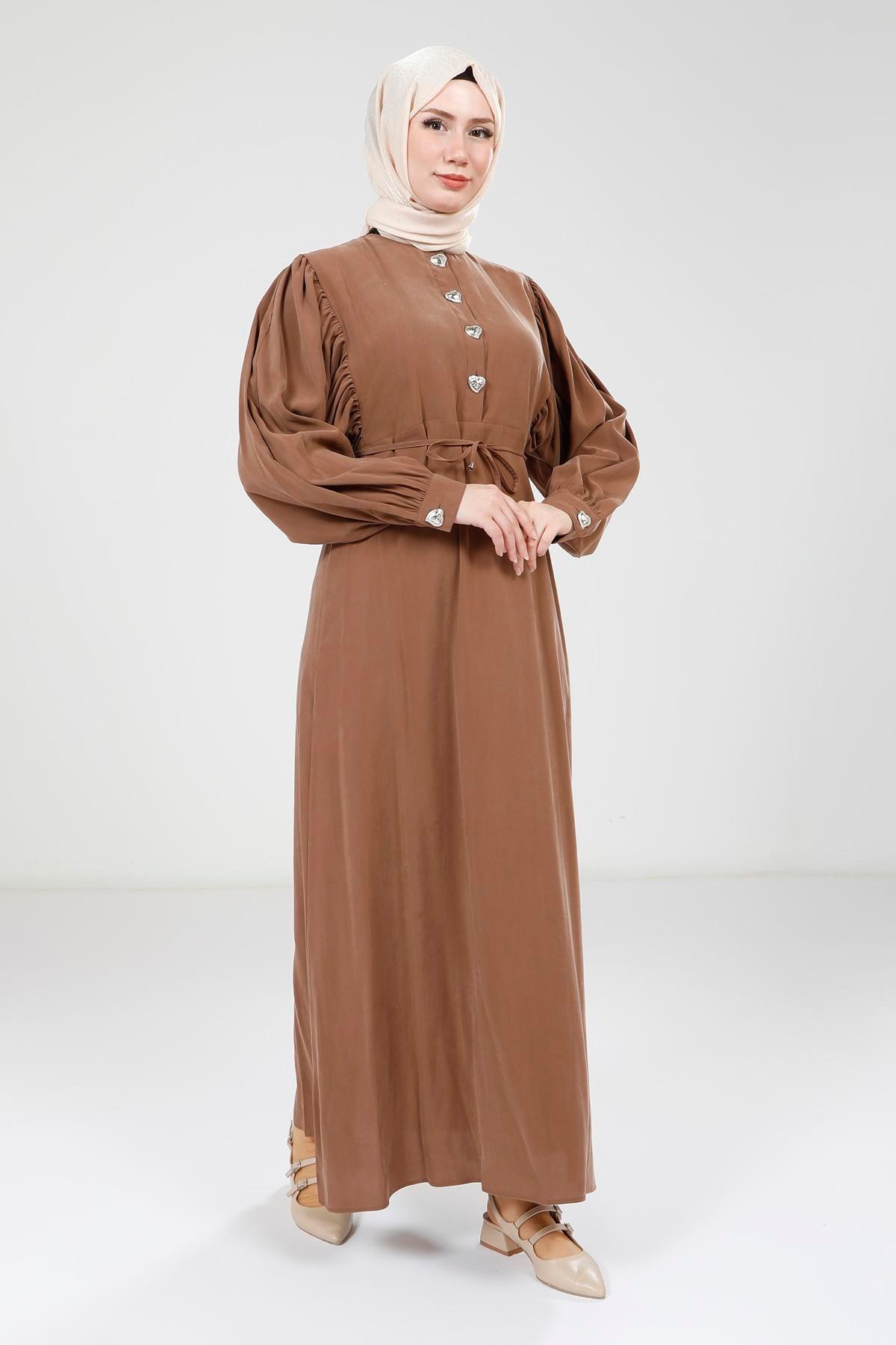 Beyza-Beyza Düğme Detaylı Kahve Renk Modal Elbise 9174