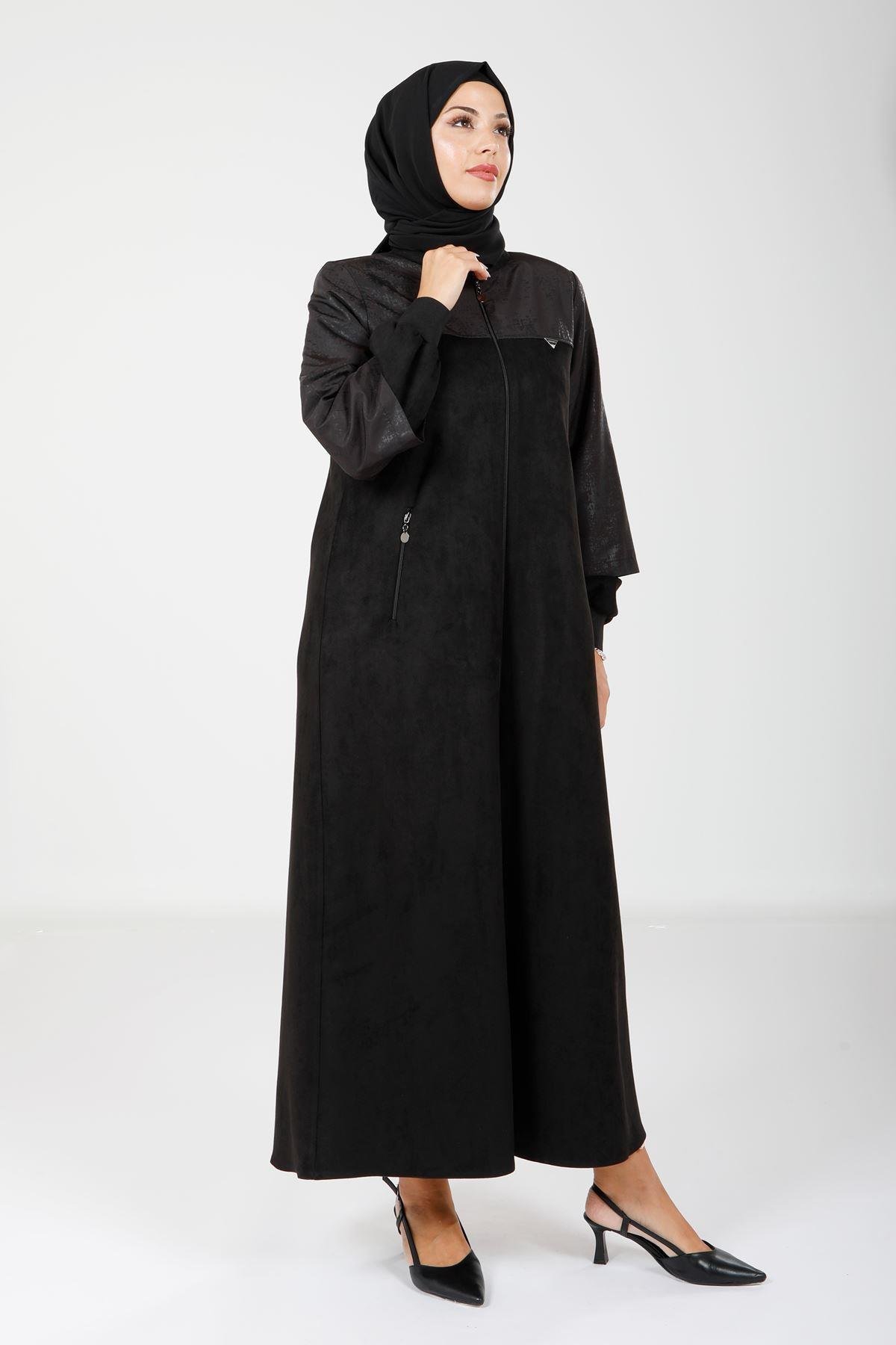 Beyza-Beyza Fermuarlı Cepli Süet Siyah Ferace 9129