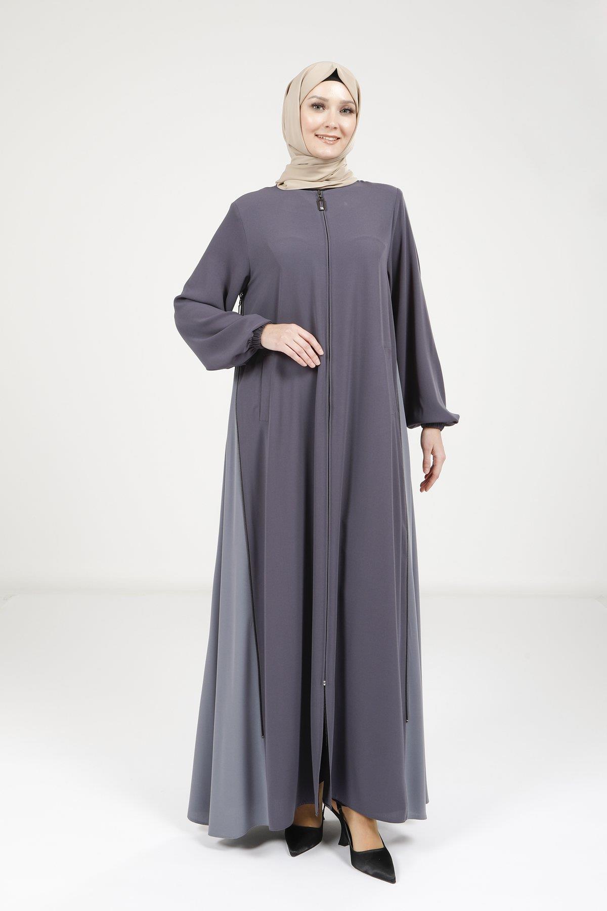 Beyza-Beyza Fermuarlı Çift Renk Füme Ferace 9326