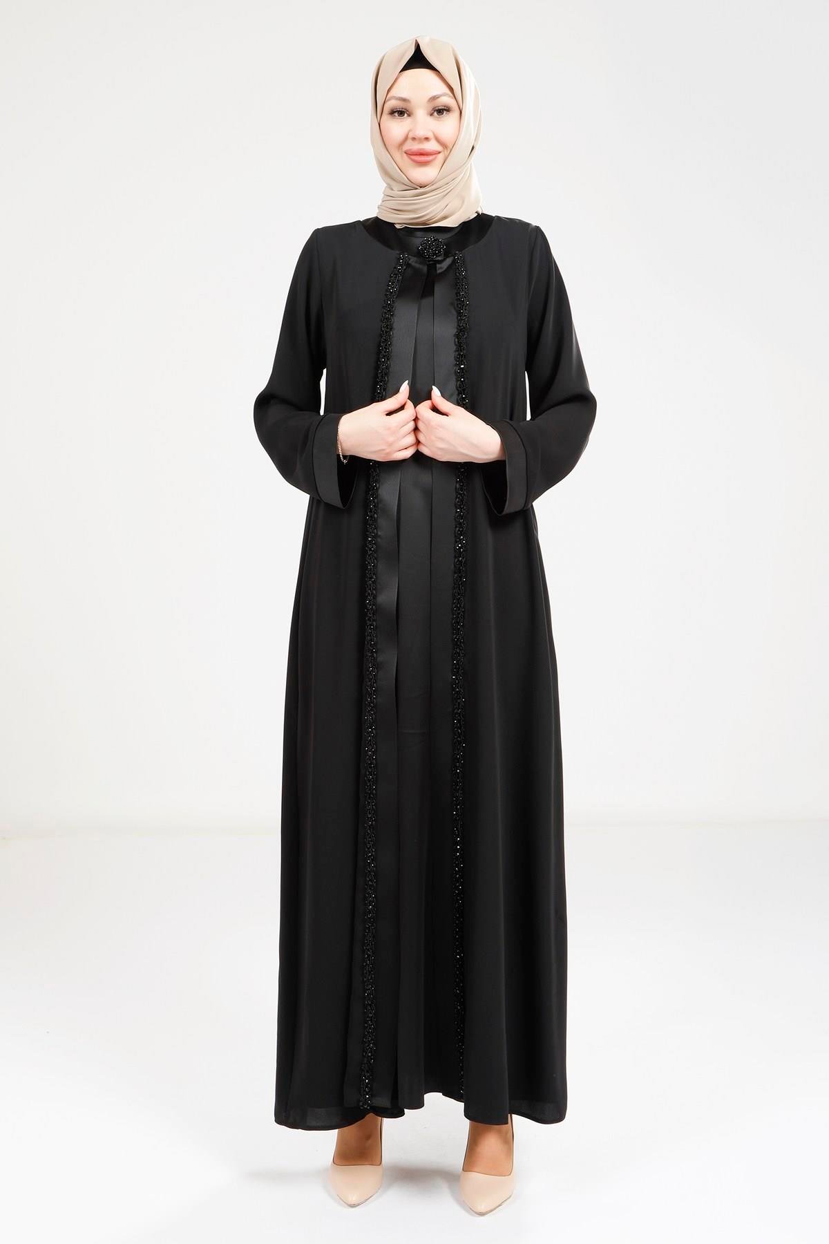 Beyza-9269 ABAYA SATEN ELBİSELİ SİYAH