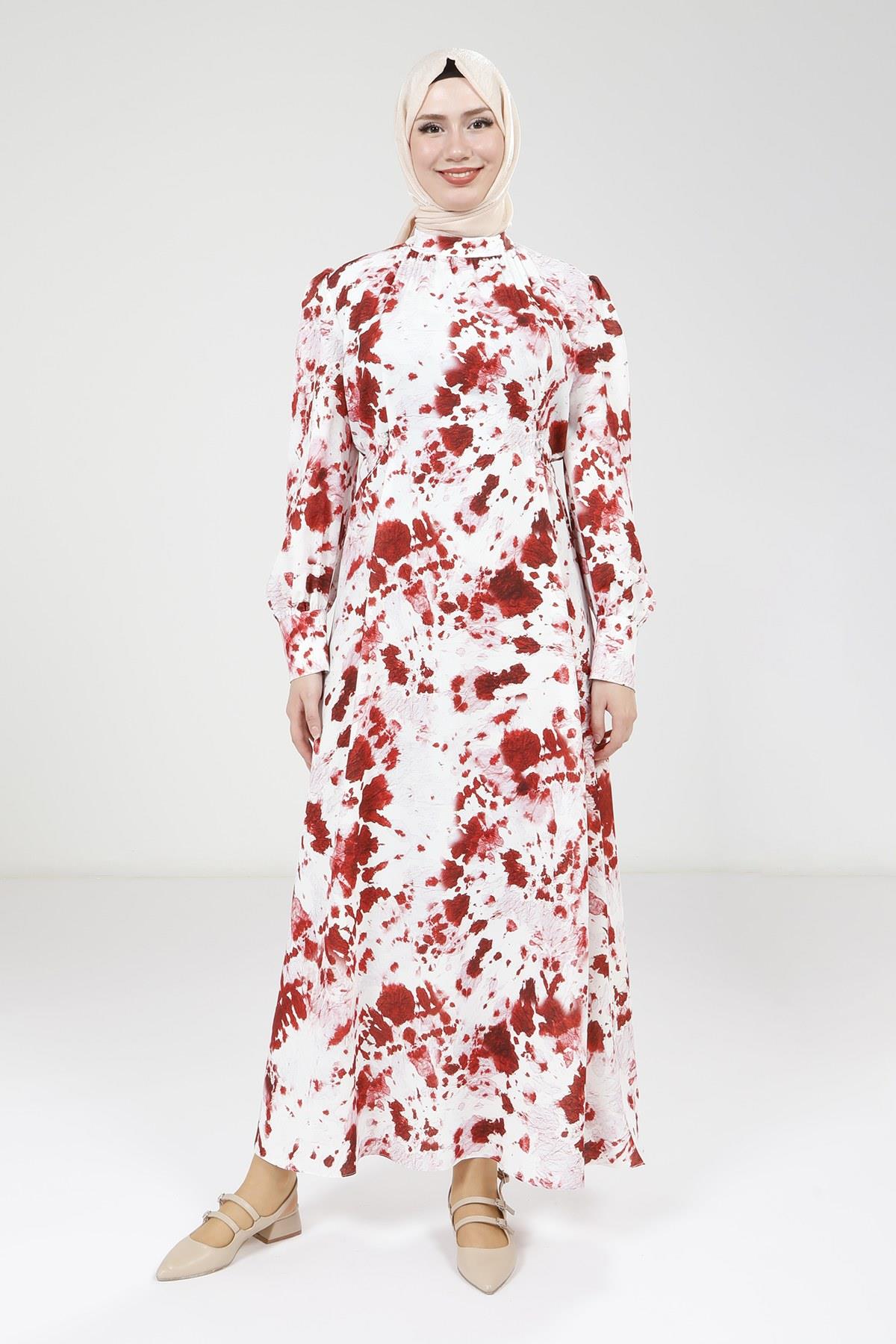 Beyza-Beyza Seyyar Kemerli Baskılı Kırmızı Elbise 9385