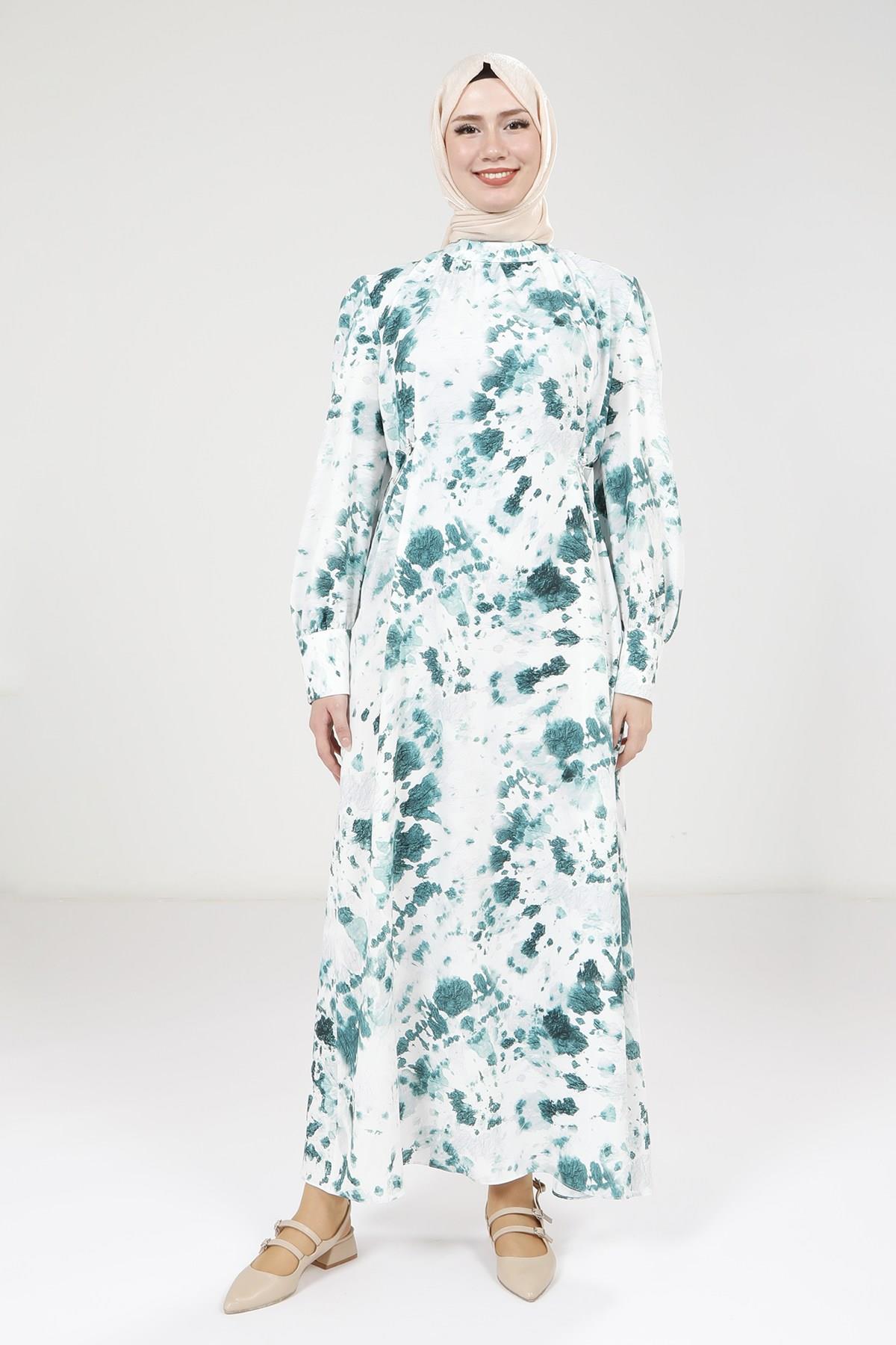 Beyza-Beyza Seyyar Kemerli Baskılı Zümrüt Yeşili Elbise 9385