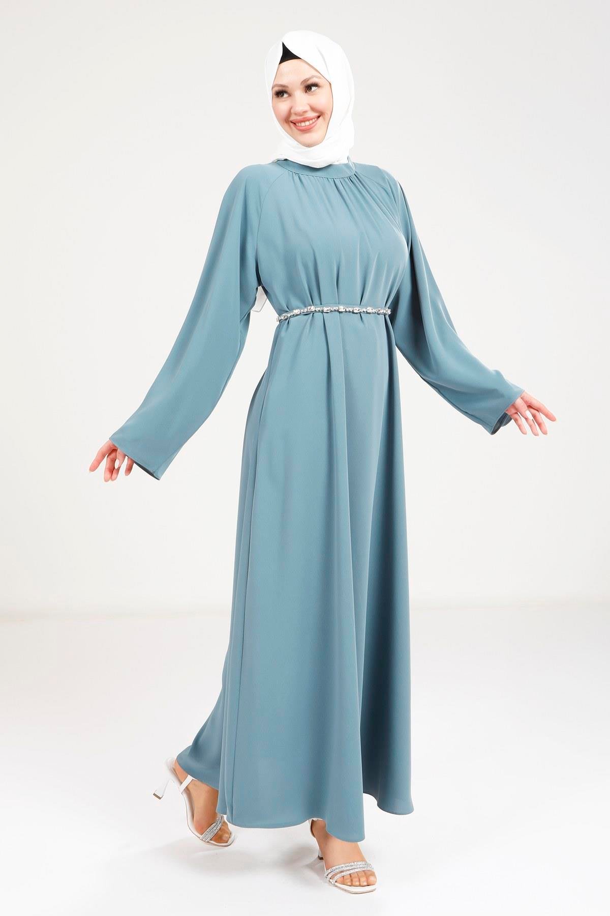 Beyza-9271 ELBİSE TAŞ KEMERLİ İNDİGO