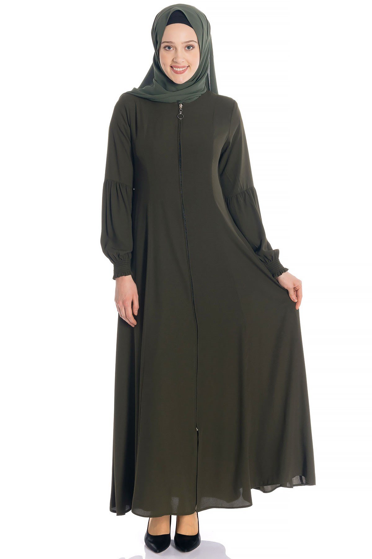 Beyza-عباءة باللون الكاكي واسعة بسحّاب