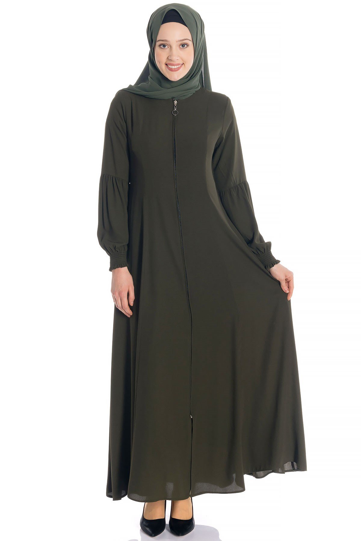 Beyza-عباءة باللون الكاكي واسعة بسحّاب