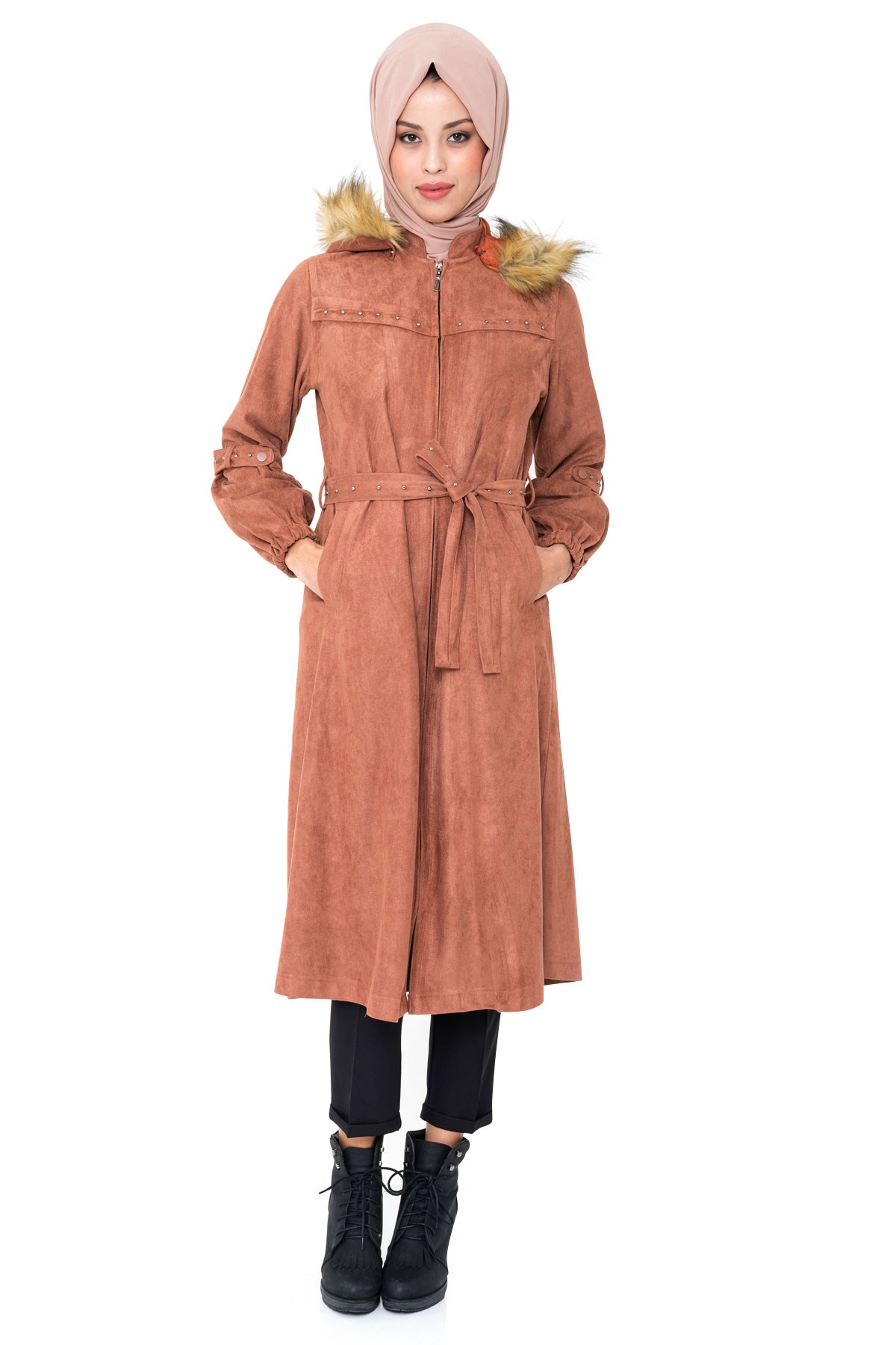 Beyza-Manteau à la cannelle avec fermeture éclair et ceinture