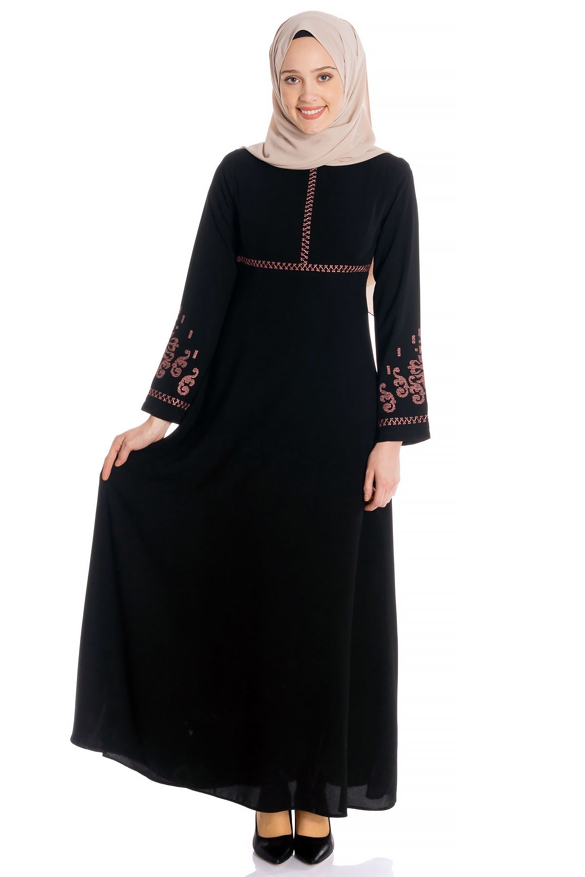 Kanaviçe Nakışlı Siyah Tesettür Elbise 749 - Beyza