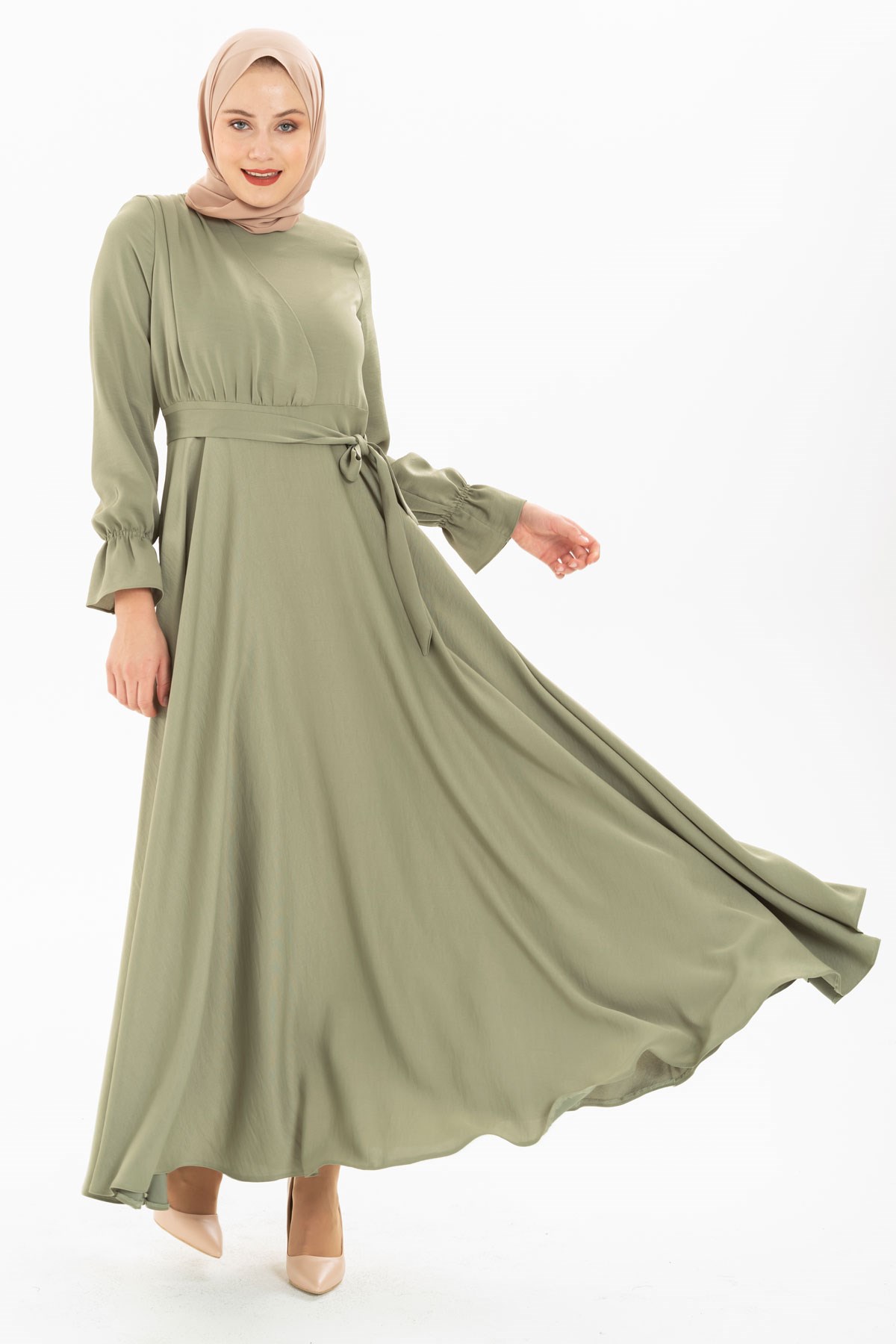 Kloş Su Yeşili Tesettür Elbise 5214 - Beyza