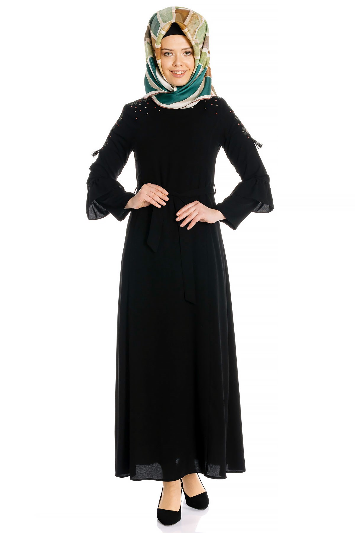 Beyza-Ornamented Flounce Sleeved Black Modest Dress