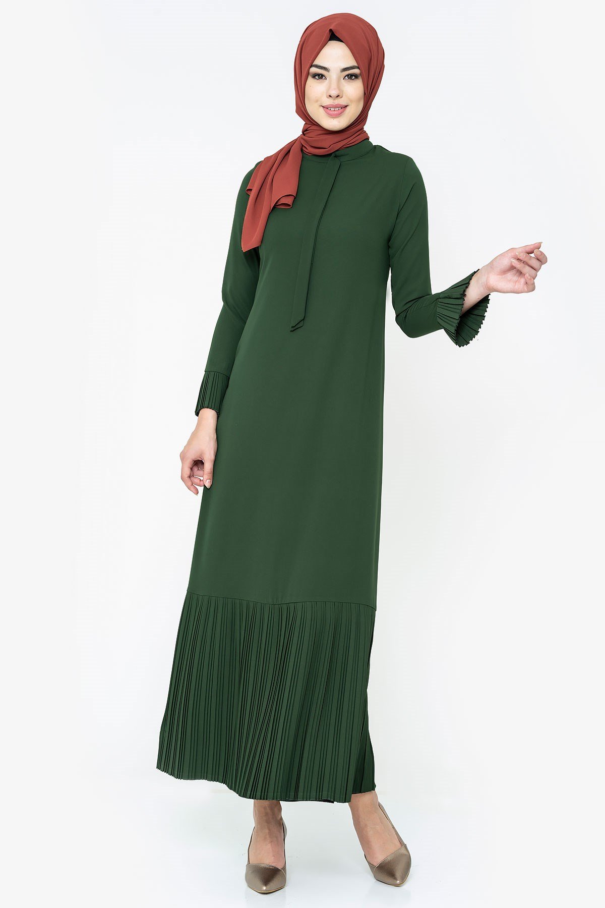 Piliseli Yeşil Tesettür Elbise 764-2 - Beyza