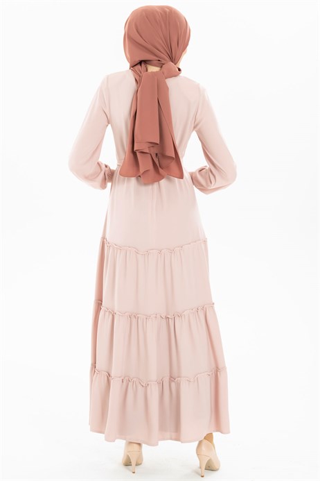 Beyza-Büzgü Detaylı Pudra Tesettür Elbise 5201