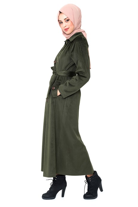 Beyza-Buttoned Green Coat with Sash 3M3147