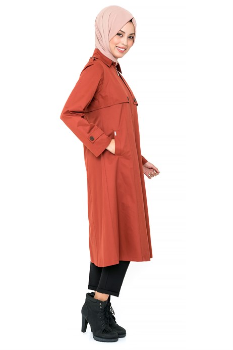 Beyza-Zippered Belted Brick Color Trench Coat