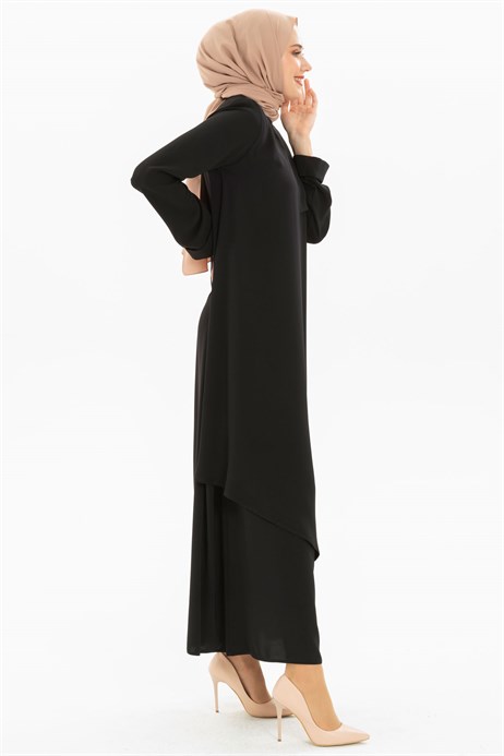 Beyza-Kat Detaylı Siyah Tesettür Elbise 5155